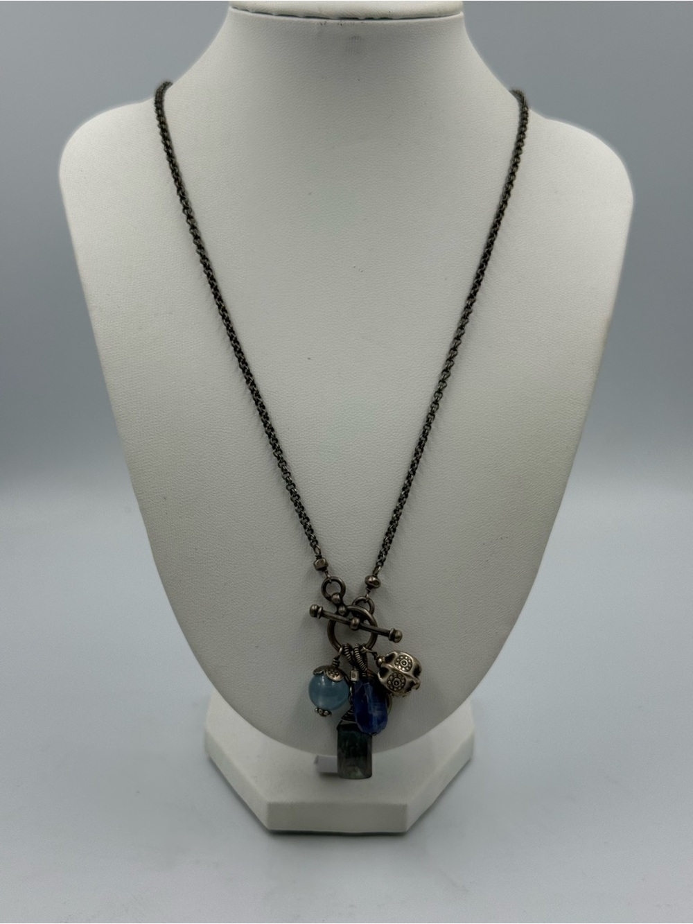 Antique Silver Bead and Charm Toggle Necklace